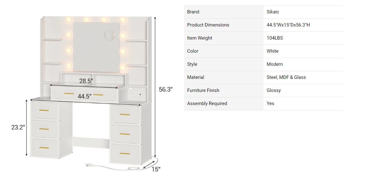 Sikaic Glass Top Makeup Vanity With Lights Power Strip & 10x Magnifying Mirror And Compartment Storage Drawers & Shelves