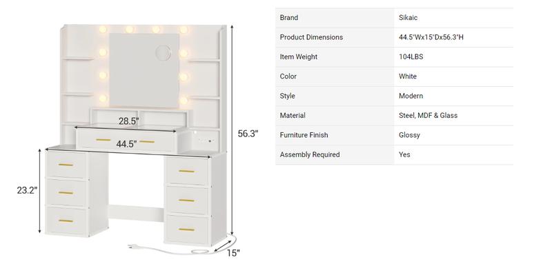 Sikaic Glass Top Makeup Vanity With Lights Power Strip & 10x Magnifying Mirror And Compartment Storage Drawers & Shelves