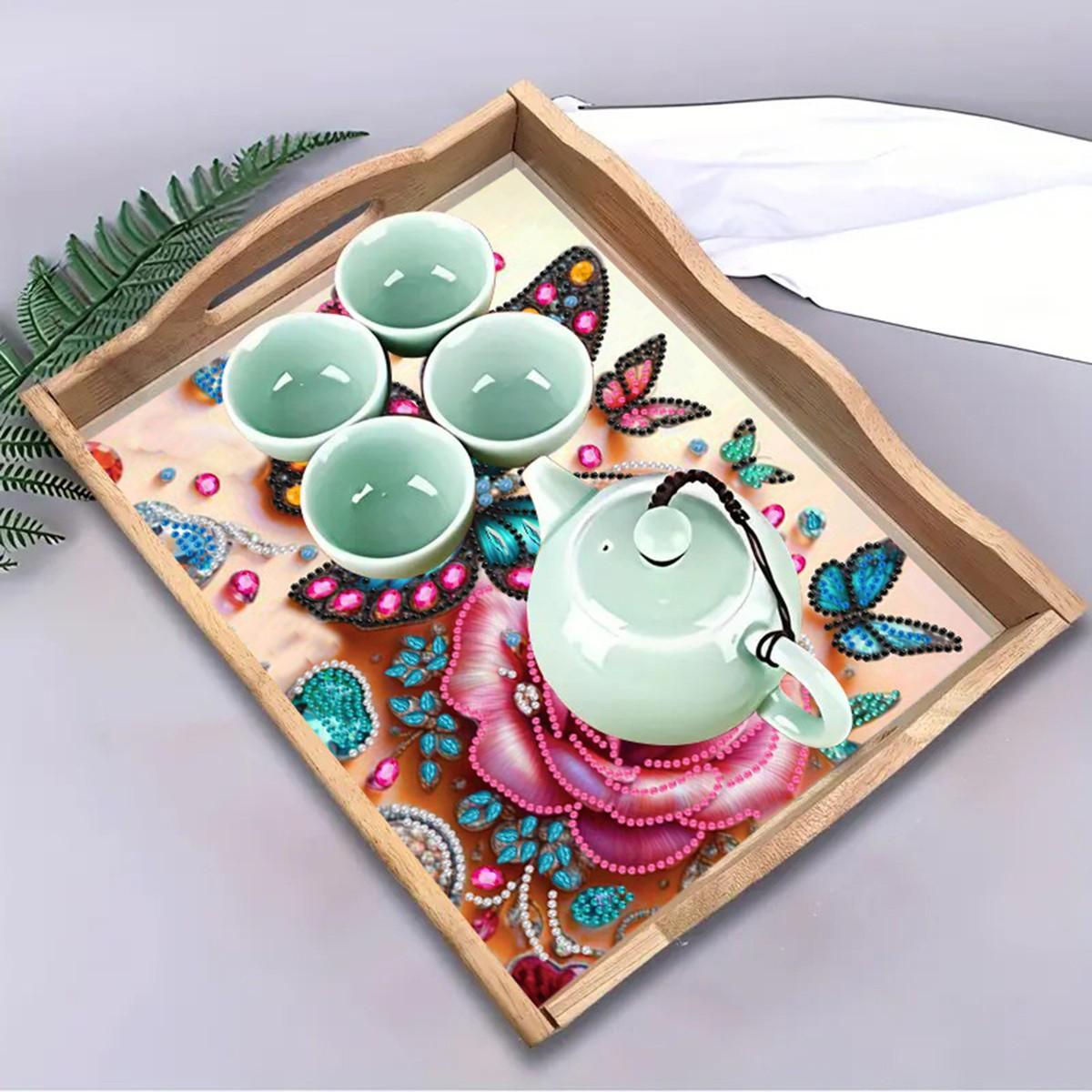 DIY Diamond Painting Wooden Tray Set with Frame, Butterfly Pattern, Home Decor Gift, Unique Holiday Present for Family and Friends