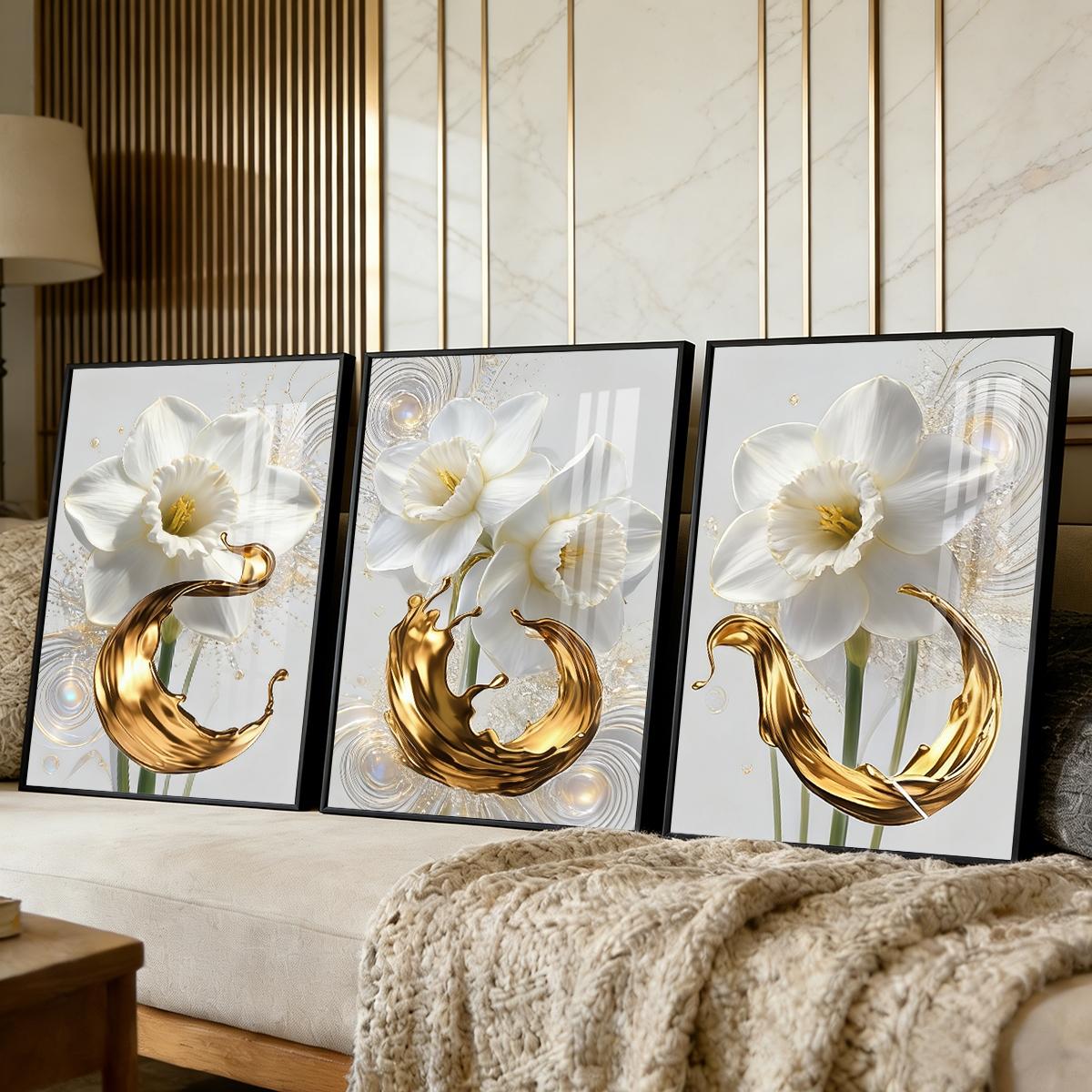 3 Counts Aluminum Alloy Framed Painting, White Daffodil Flowers With Golden Liquid Art Pictures, Home Decoration For Living Room, Bedroom, Office, Restaurant, Hallway Wall Decor, Odorless Print Artwork, Luxury Perfect Gift For Friends And Family