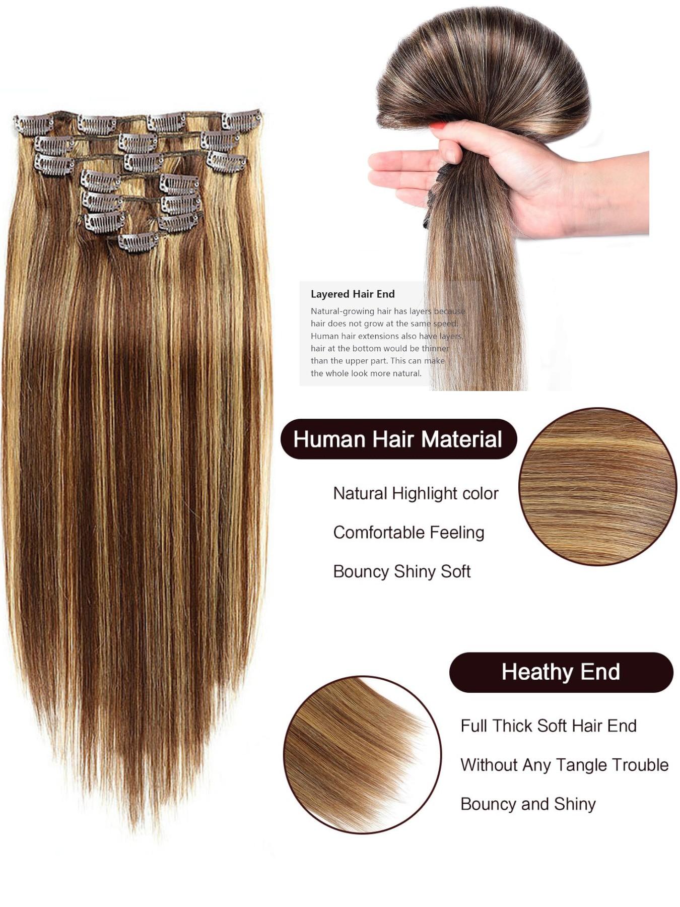 100% Human Hair Extensions, 14-24 Inches Natural Color, Invisible Clip-In Hair Pieces, Women's Hair Extension Set, Real Hair Clips, Straight Natural Hair
