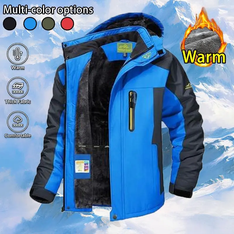 Men’s fleece-lined winter jacket, waterproof and windproof softshell with hood, comfortable fabric, multifunctional design, detachable hood, suitable for skiing, outdoor activities, and mountaineering in various scenarios, stylish embroidered logo, availa