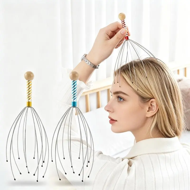 5PCS Smooth Scalp Massager, Wooden Top Bead Design, Metal Wire Head Scratcher, Handheld Massage Tool for Home Daily Relaxation Use