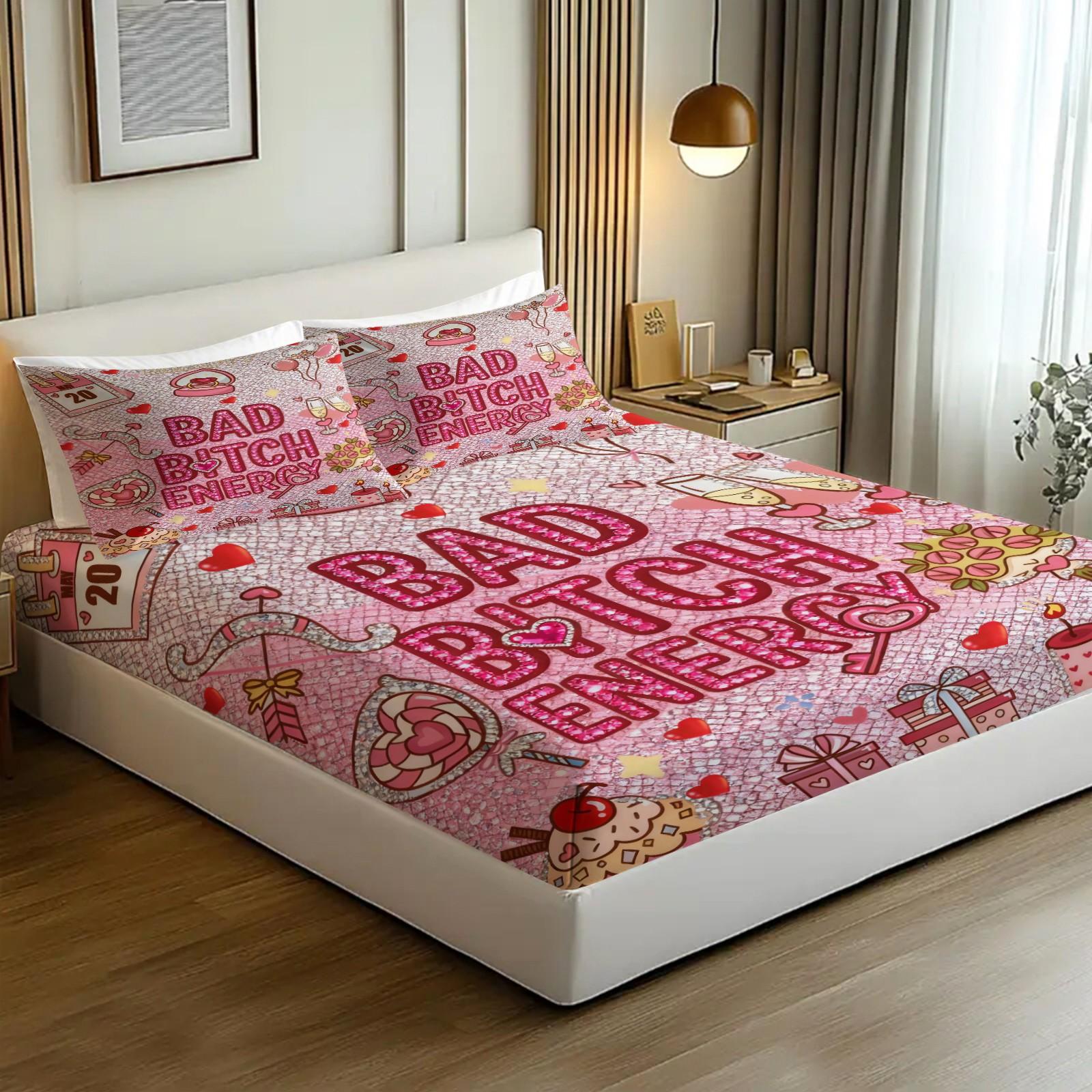 Sparkling Diamond Texture Slogan Print Fitted Sheet Set, Sweet Light Pink Bedding Set, Decorative Bedsheet Sets, Durable Soft Microfiber Bedding, Sweet Colors, Perfect for Room Decoration, 3Pcs Includes Two Pillowcases