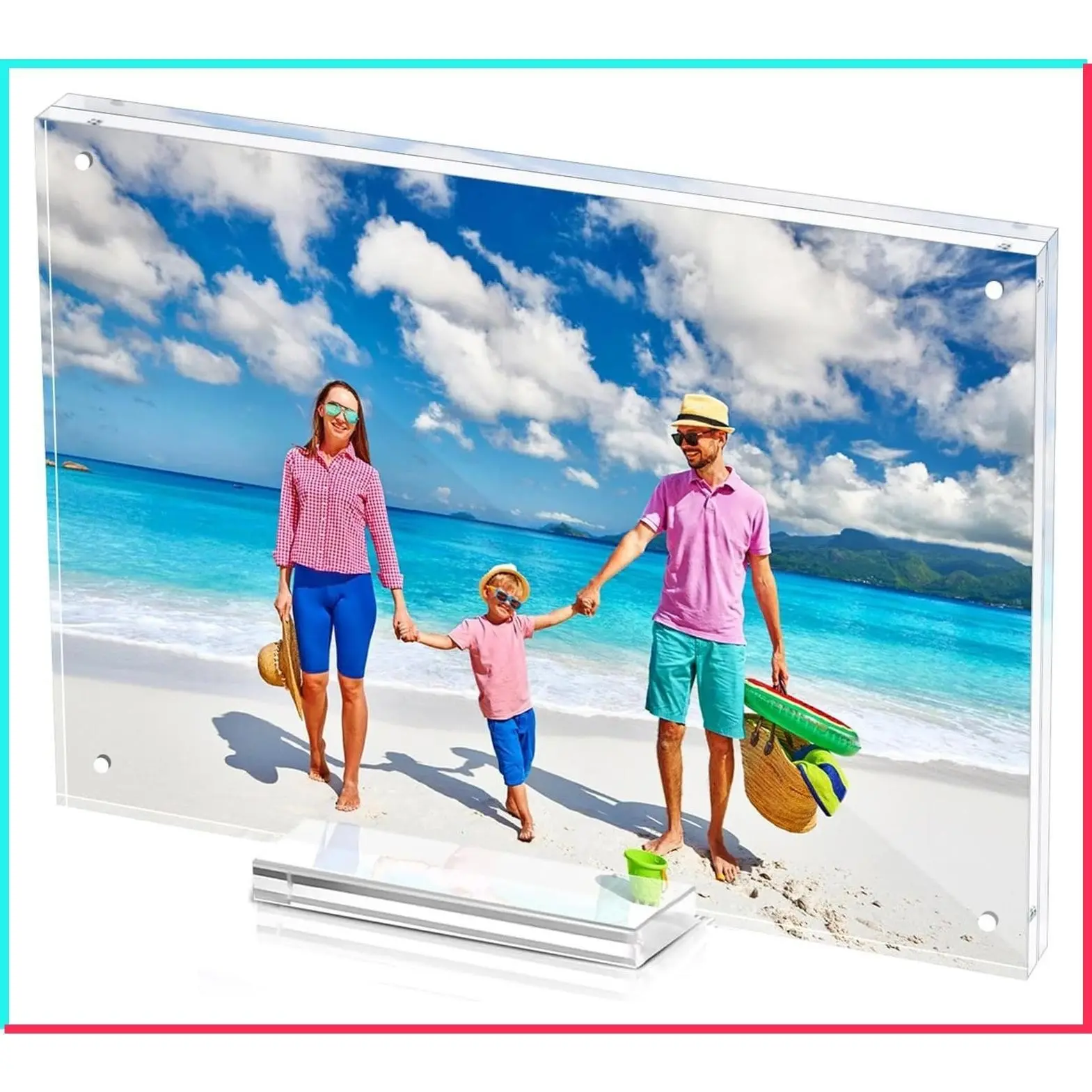 6x8 Magnetic Acrylic Picture Frame, Clear Double Sided Floating Frame with Base | Frameless Lucite Photo Stand for Desktop Display, Horizontal & Vertical Tabletop, for Home, School, Office