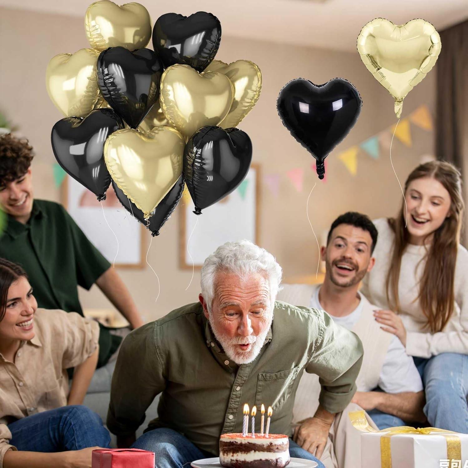 Black gold aluminum foil heart-shaped balloons, 18 inch 10 pack heart-shaped balloons with two accessories, suitable for occasions such as birthdays, graduation ceremonies, Valentine's Day, baby parties, anniversaries, etc.