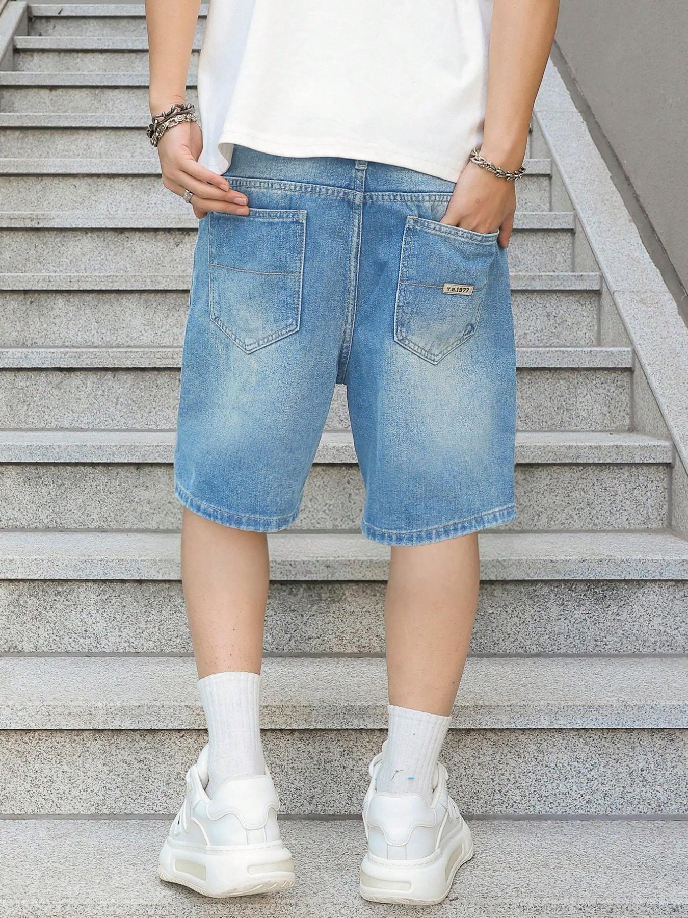 Men's Vintage Washed Classic Denim Shorts, Non-Elastic Straight Leg Fit, Simple Daily Wear Casual Pants, Loose-Fitting Short-Length Bottoms