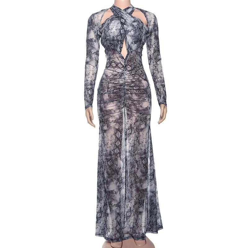 DOUCIU Mature Sexy Hot Nightclub Bar Party Social Women'S Thin Mesh Printed See Though  Long Draped Straight Long-Sleeved Dress