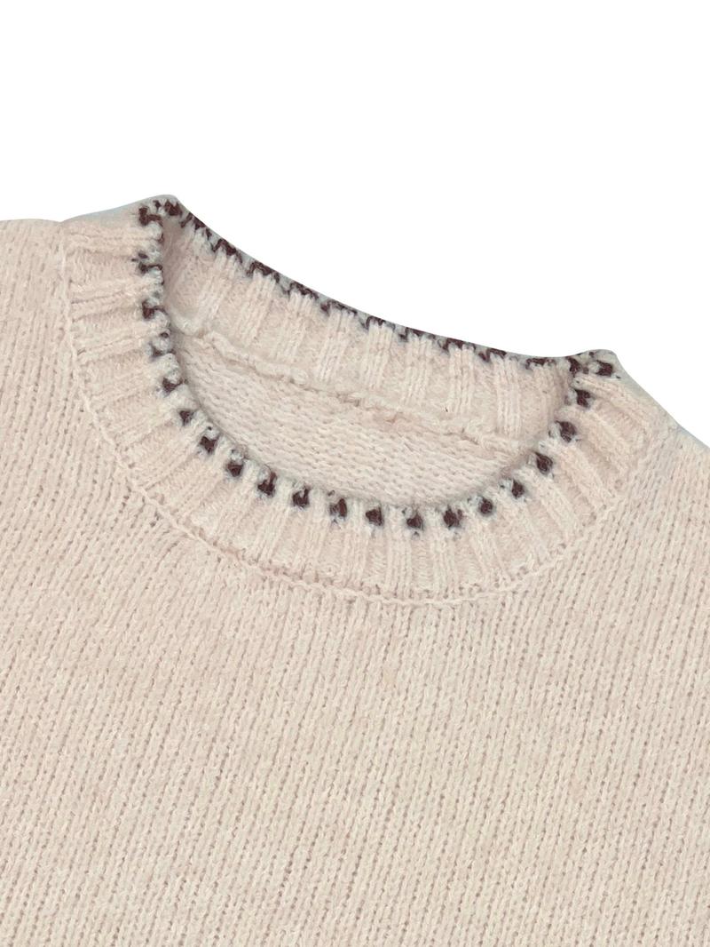 Women's Casual Colorblock Round Neck Drop Shoulder Long Sleeve Short Sweater Knitwear, Elegant Geometric Pattern, Spring & Fall Fashion
