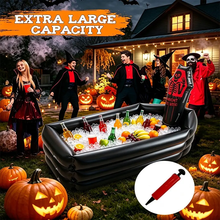 Halloween Skull Coffin Inflatable Decor, Foldable Portable Drink Cooler, Includes Air Pump, Outdoor Party Decoration, Photo Prop, Party Decor Supplies