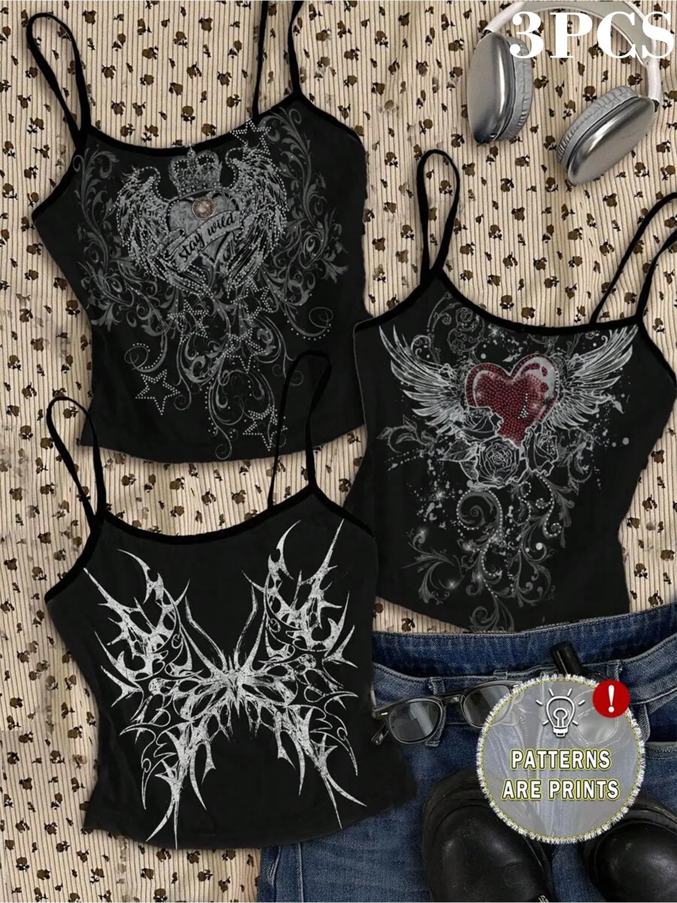 Three-Piece Gothic Style Tank Top Set, Trendy Short Sleeve Crop Top, Perfect for Shopping and Parties, Women's Fashion