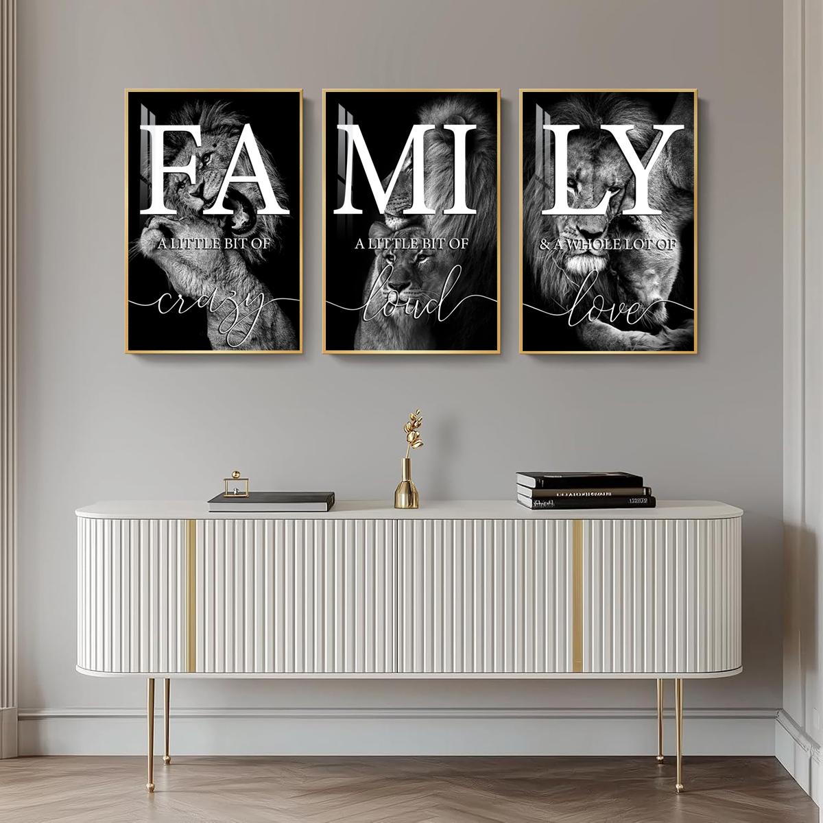 3 Counts Aluminum Alloy Framed Painting, Family Lion Wall Art Black And White Animal Poster, Home Decoration For Living Room, Bedroom, Office, Restaurant, Hallway Wall Decor, Odorless Print Artwork, Luxury Perfect Gift For Friends And Family