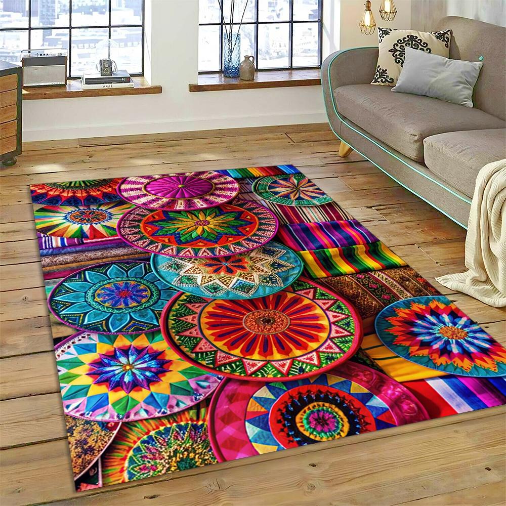 Colorful Crochet Mandala Flannel Area Rug - Boho Ethnic Woven Pattern Print Soft Mat for Living Room, Non-Slip Bohemian Home Decor #BohoMandalaRug #ColorfulCrochetMat #EthnicHomeDecor #2DWovenCarpet #NonSlipFlannelRug