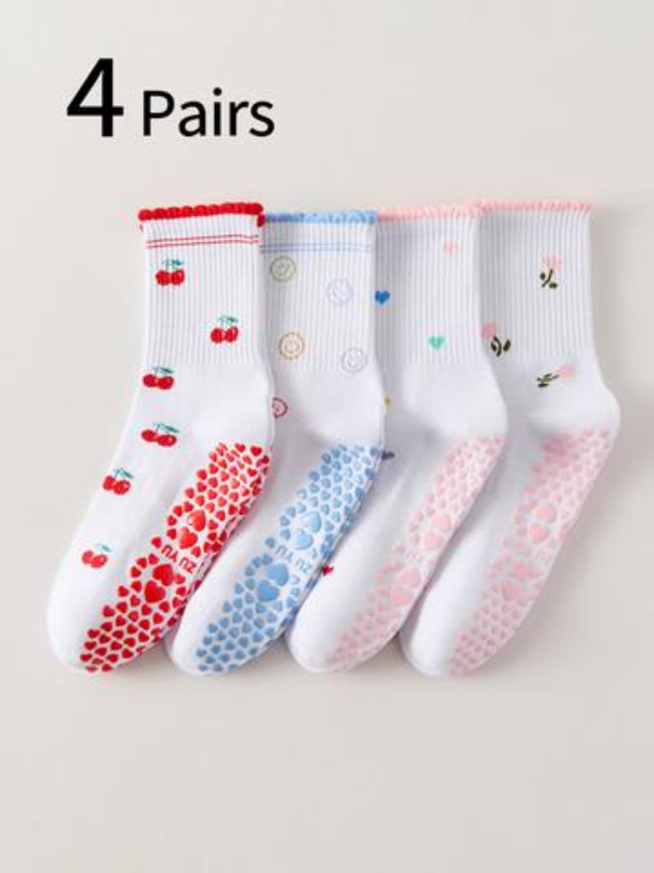 4 Pairs Women's Yoga Socks, Non-Slip Pilates Socks, Indoor Sports Socks, Cute Cherry Heart Flower Print, Breathable Comfortable