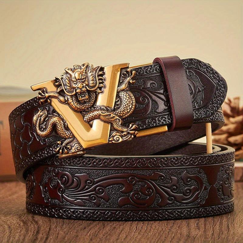 Men's Ratchet Leather Belt Engraved Vintage Dragon Leather Ratchet Belt for Men Eagle Button Belt Adjustable Brown