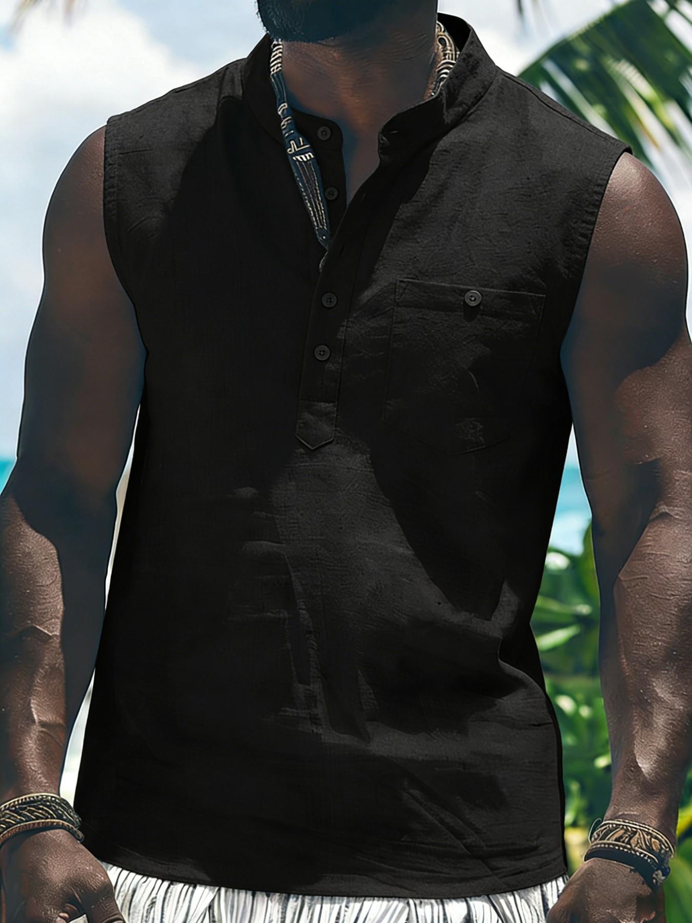 Men's Stand Collar Sleeveless Linen Shirt, Breathable Cotton-Linen Loose Fit, European Style Beach Vacation Casual Top