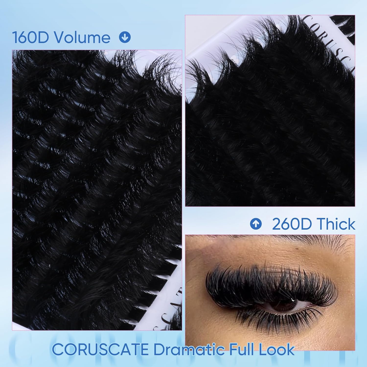 Plush Fluffy Eyelash Clusters 160D+200D, Voluminous Lash Extensions 12-24mm, Dramatic Long Lashes, Lightweight Individual Lashes, 224pcs Luxury DIY Lash Extension Kit