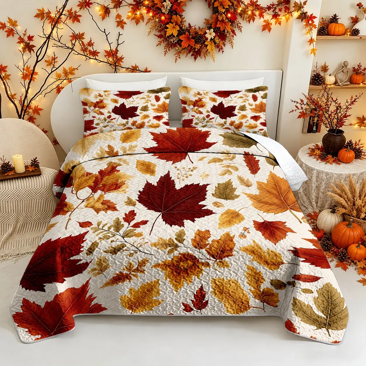 3-Piece Autumn Maple Leaf Quilted Bedspread Set (1 Bedspread + 2 Pillow Shams; inserts not included) – Suitable for Fall/Halloween/Christmas; versatile quilted coverlet/summer quilt; available in sizes ranging from Twin/Full to Queen/King; ideal gift for