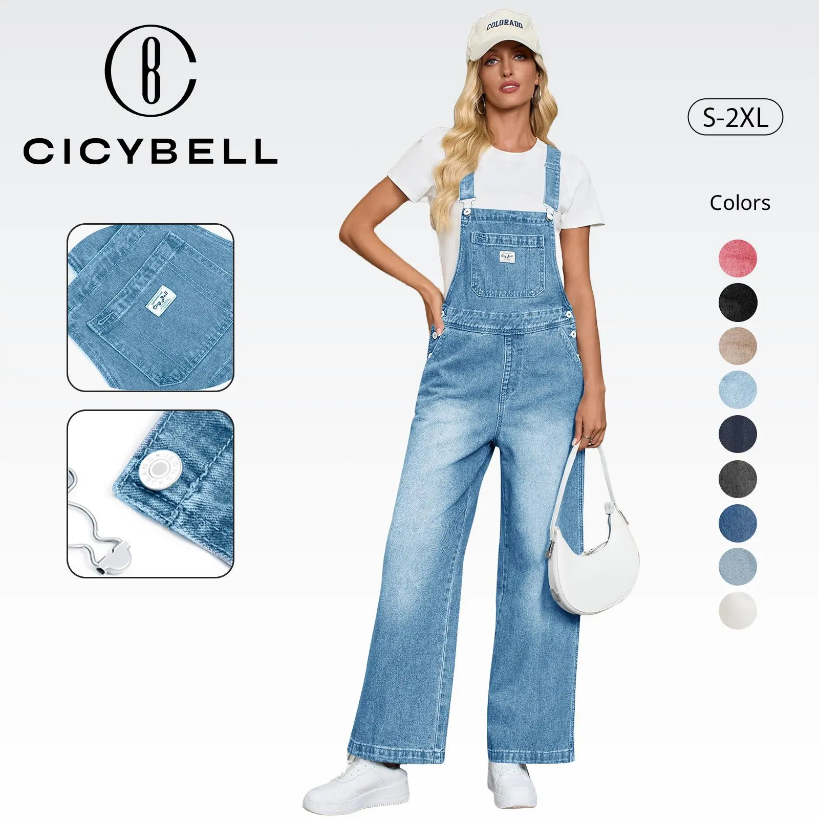 Cicy Bell Women's Denim Bib Overalls Casual Adjustable Strap Wide Leg Jean Jumpsuits Loose Fit Long Rompers with Pockets