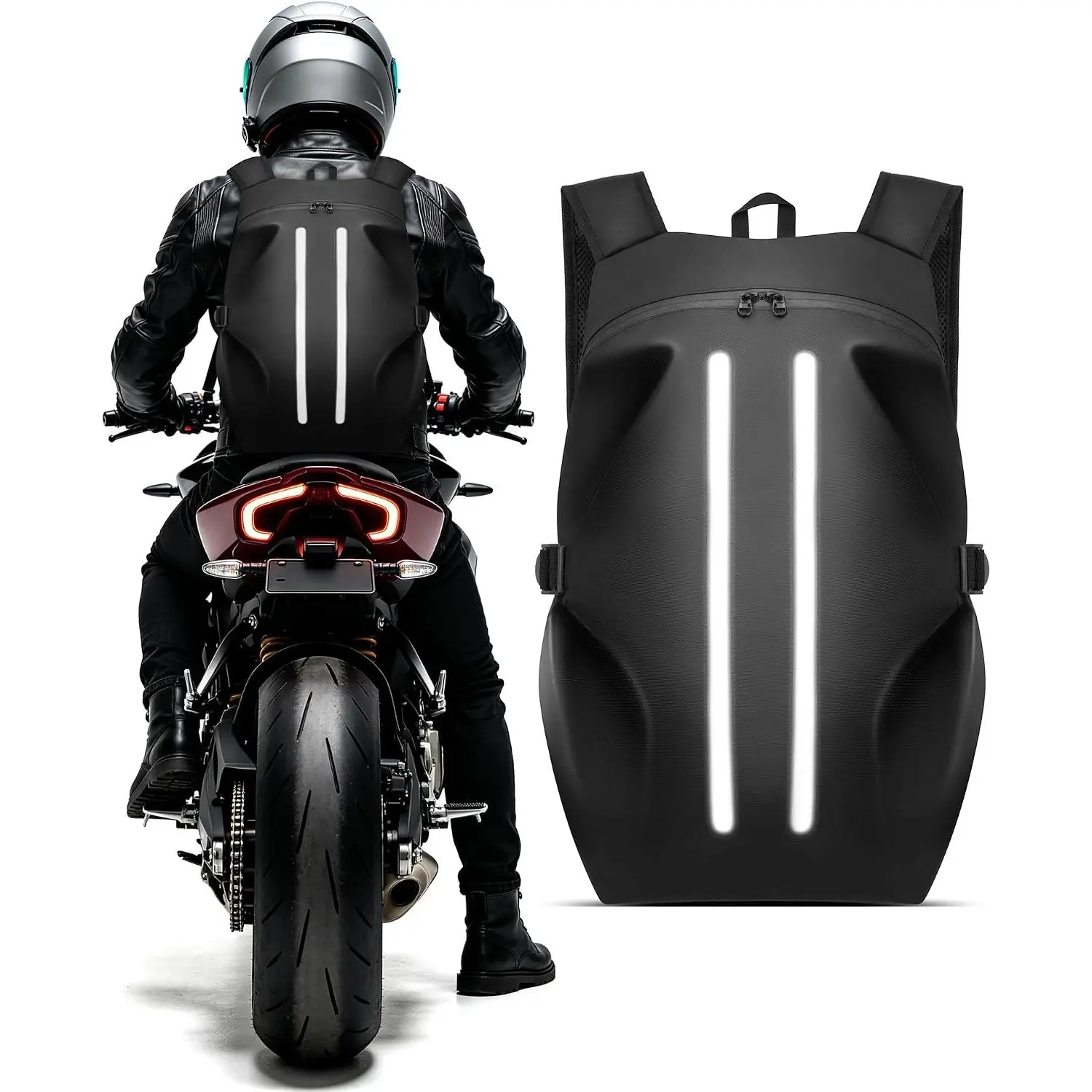 Motorcycle Backpack with Helmet Holder, 40L Water-Resistant Riding Backpack |   for Men Women, Hard Shell Motorbike Bag with Laptop Pocket, Dual Reflective Strips, Chest Strap, Commuter Touring Biker Gear