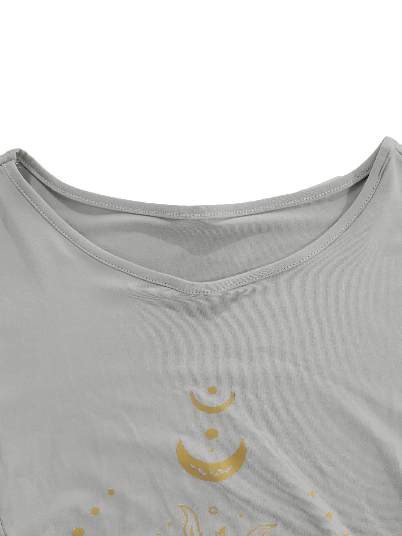 Plus Size Moon & Sun Print Asymmetrical Hem Graphic Dress, Casual Long Sleeve Round Neck Dress for Summer, Women's Plus Clothing for Daily Wear, Womenswear