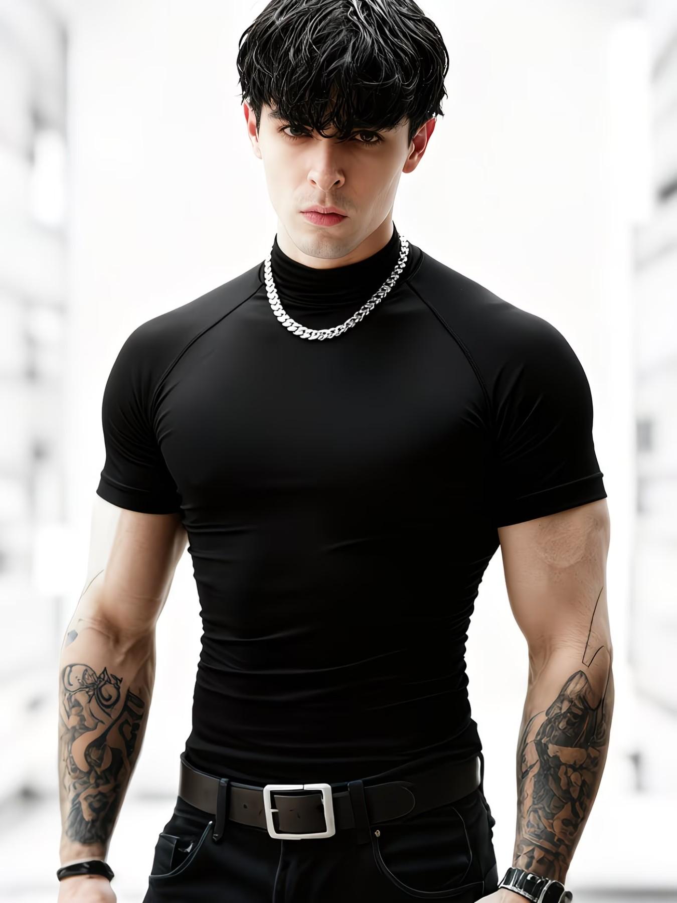 Men's Professional Fitness High Neck T-Shirt, Sporty Style, High Elasticity, Quick-Dry, Breathable, Slim Fit, Ideal for Gym Training