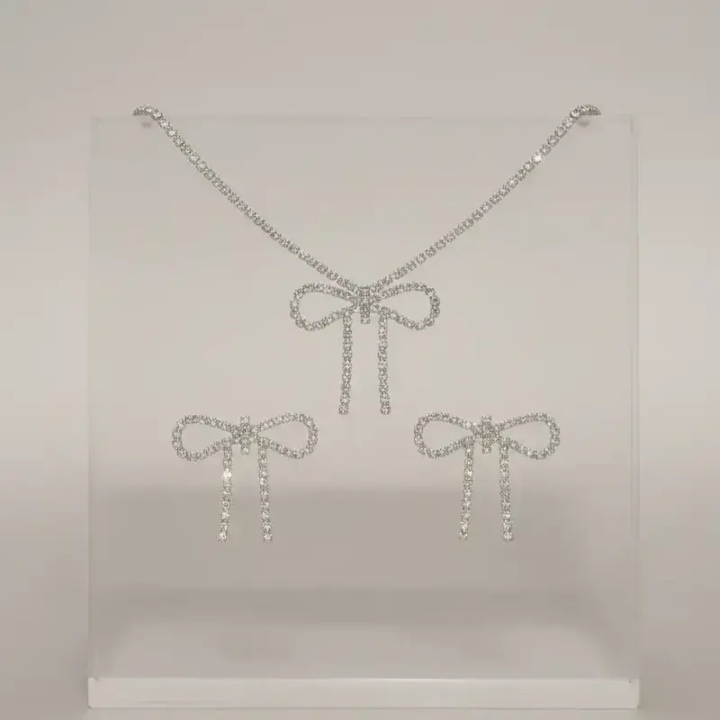 Women's Elegant Rhinestone Bowknot Design Necklace & Dangle Earrings, Necklace And Earring Set, Exquisite Trendy Jewelry Set, Fashionable Accessories for Party & Daily Clothing Decor