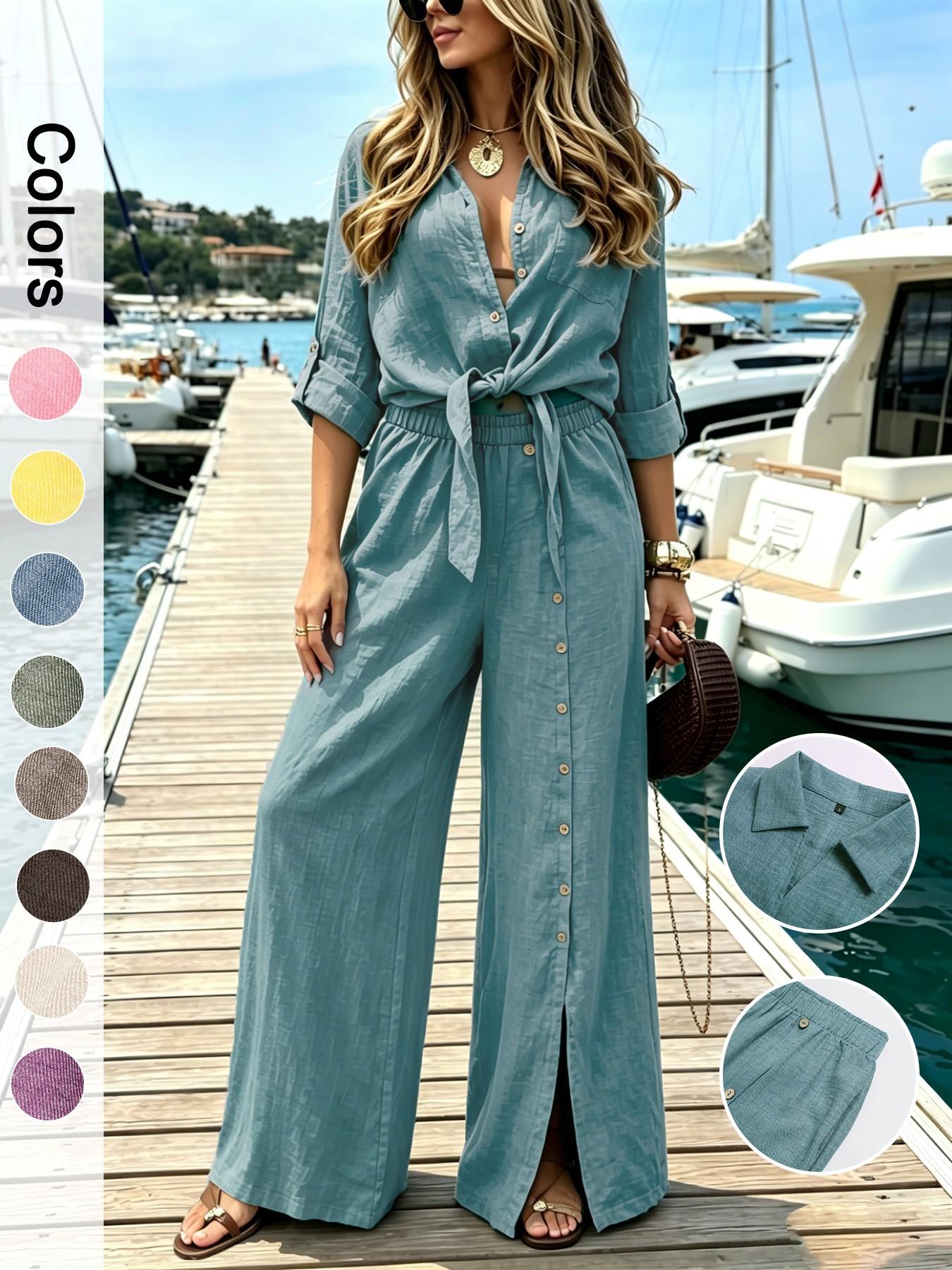 Women's Two-Piece Vacation Style Shirt and Pants Set, Knot Top with Button Decoration, Wide-Leg Pants, Casual Womenswear, Fit