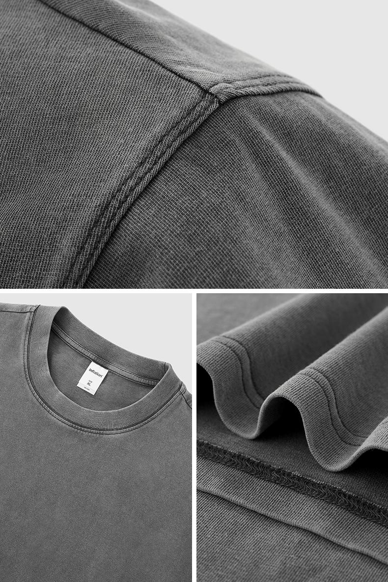 Inflation 100% Cotton 270g Cropped Boxy Fit Washed Oversize Streetwear Long Sleeve T-Shirt Autumn New American Vintage Washed Cotton Tee Short Menswear Top Tshirt Round Neck Crewneck Casual Bestie Operator Beige Plain