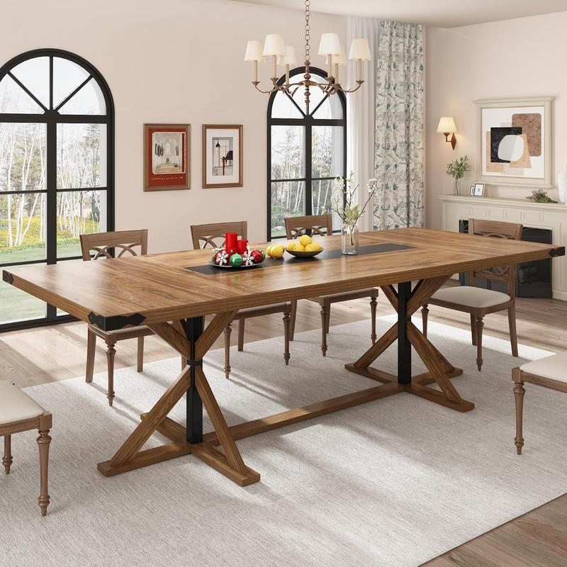 71inch/78inch/94inch Farmhouse Dining Table for 5 6 8 10 People,Rectangular Kitchen Table W/Thickness Waterproof Wood Grain Tabletop,6FT Large Rustic Dinner Table W/Adjustable Leg for Dining Living Room(Brown&black/Brown/Oak)