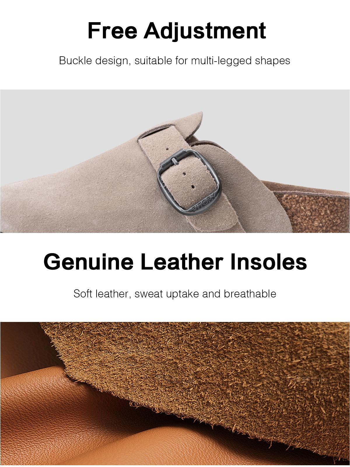FITORY Breathe I | Men’s Suede Leather Clogs, Cork Footbed, Adjustable Strap, Round-Toe (US 7–14)【Check Measurements Carefully】