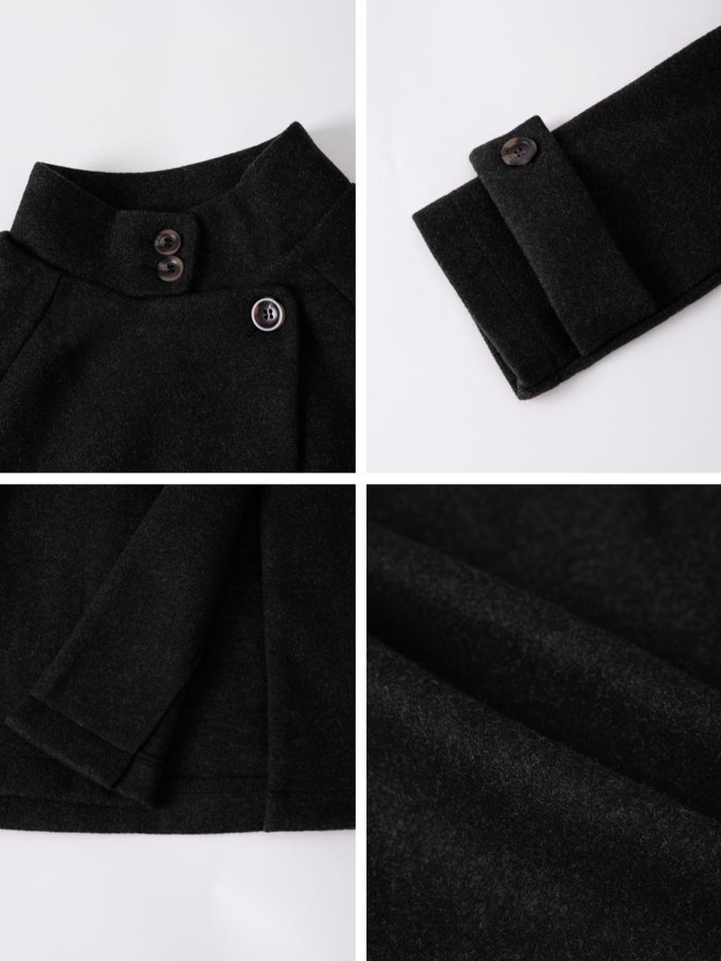 Elegant Stand Collar Belted Long Coat Jackets, Plain Pattern, Fitted Style, Long Sleeve, Casual Fall & Winter Outerwear