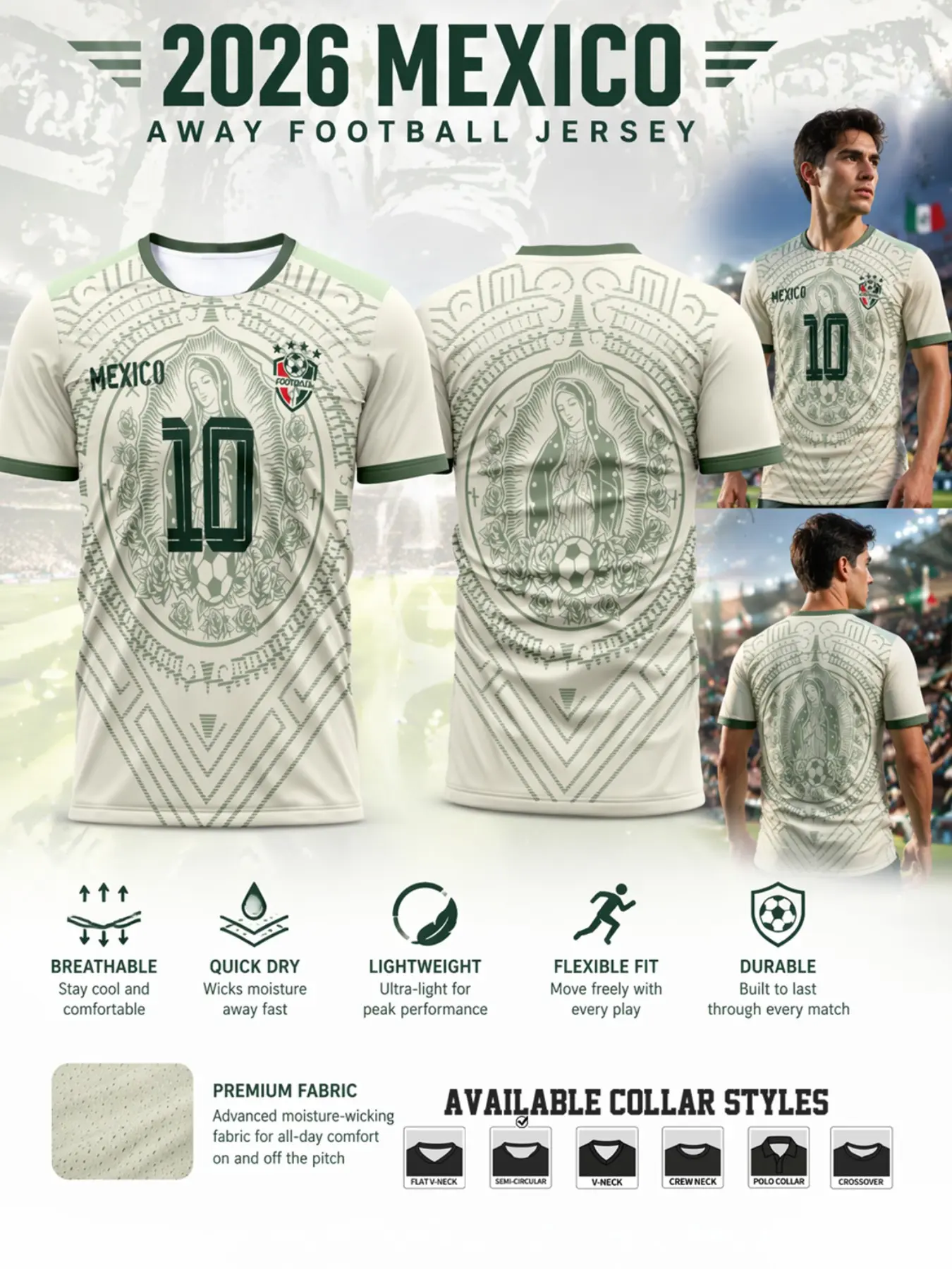 2026 Mexico Cream Soccer Jersey, Aztec Calendar Print, Breathable Quick-Dry, Lightweight Durable, Neutral Training Tee