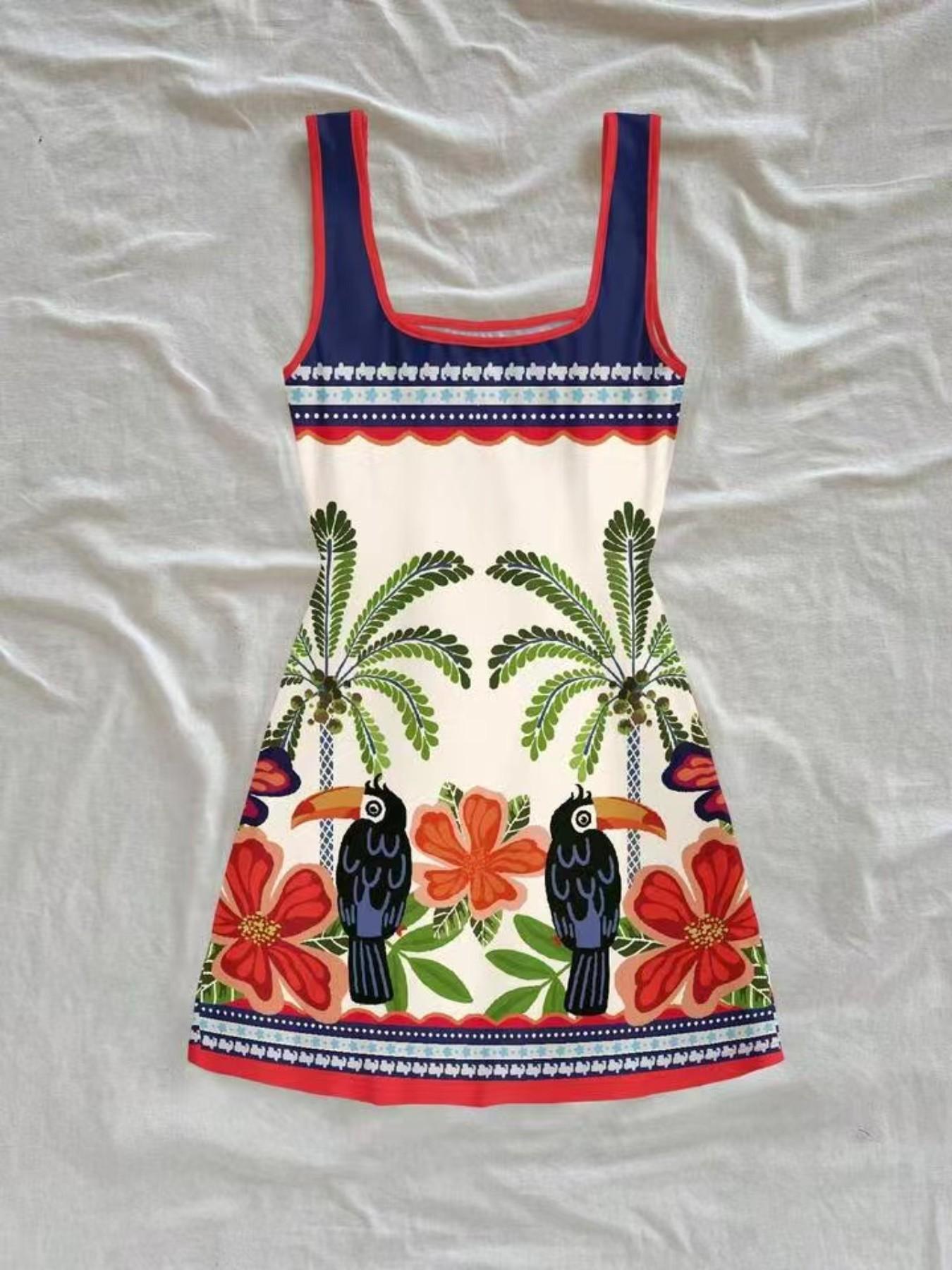 Summer Mini Dress for Women, Tropical Bird Palm Print, Geometric Floral Border, Contrast U-Neck Backless, Casual Vacation Style