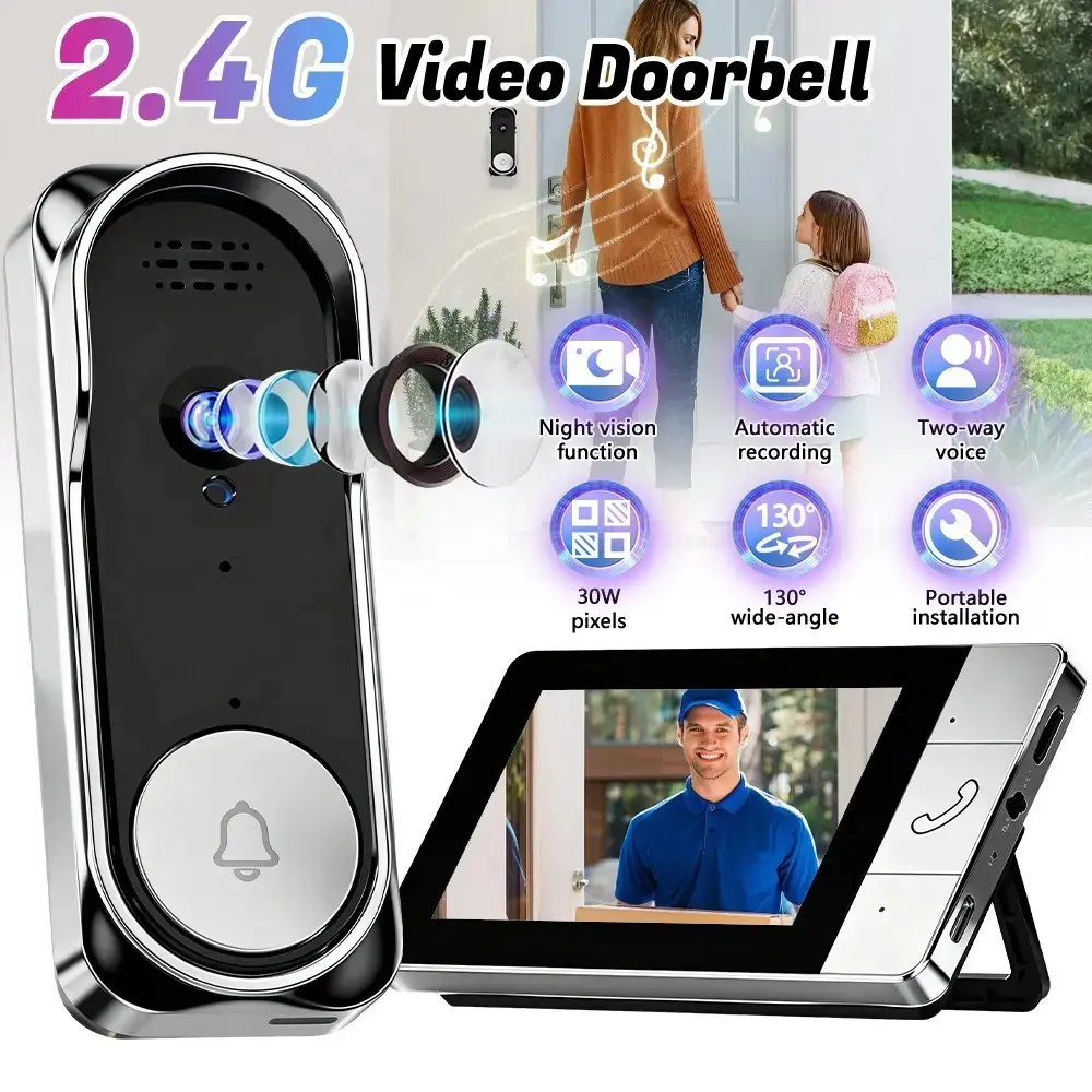 Wireless Video Doorbell with 4.3 Inch Color Screen, 2.4g Connection, Night Vision, Waterproof Ip66, Long Battery Life, No APP Needed