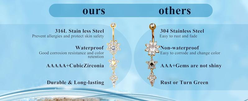 6pcs Belly Button Bar for Women, 14g Dangle Belly Bar, 316L Surgical Steel Cz Navel Barbell, Body Piercing Jewelry, Fashion Body Jewelry, 10mm