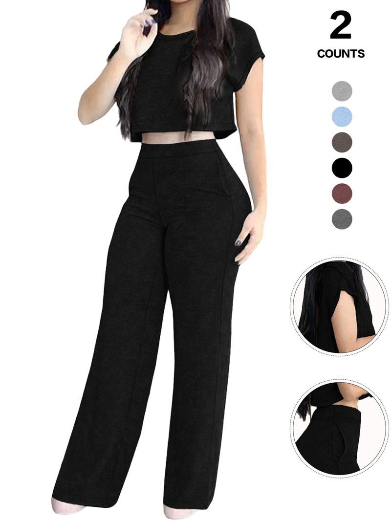 Women's Casual Elegant Solid-Color Suit Set, Short Top & High-Waisted Pants with Pockets, Comfortable Sporty Two-Piece