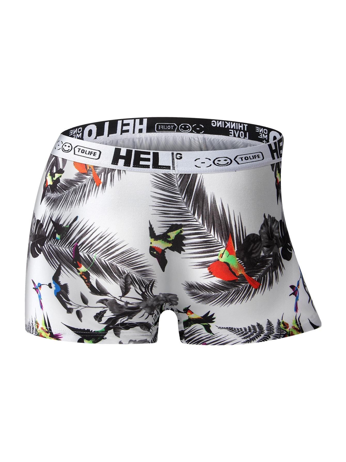 4 pcs random men's “HELLO” printing flat cornered underwear, The fabric is lightweight and soft, Elastic waistband, Suitable for daily home casual wear, Fashionable design, Universal throughout the four seasons, Novel men's underwear.