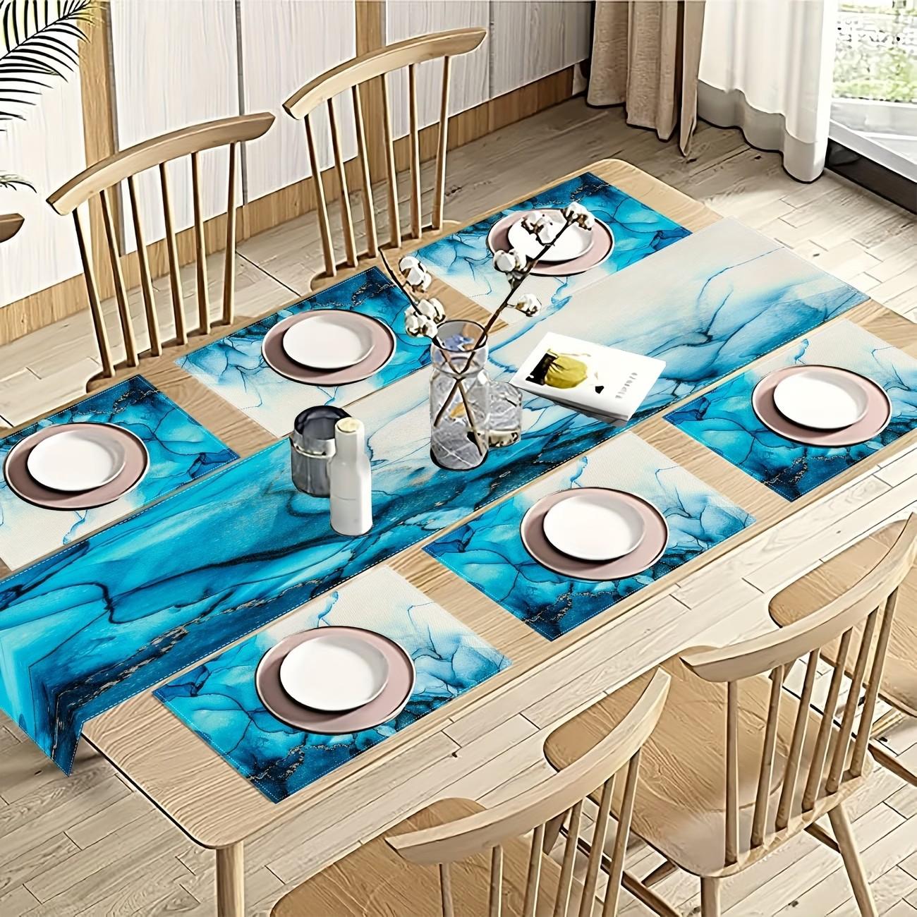 2D flat printing, 5-piece set/7-piece set table flag, dining mat, blue turquoise marble tablecloth, modern marble texture tablecloth, suitable for restaurant kitchen, wedding, holiday, party table decoration