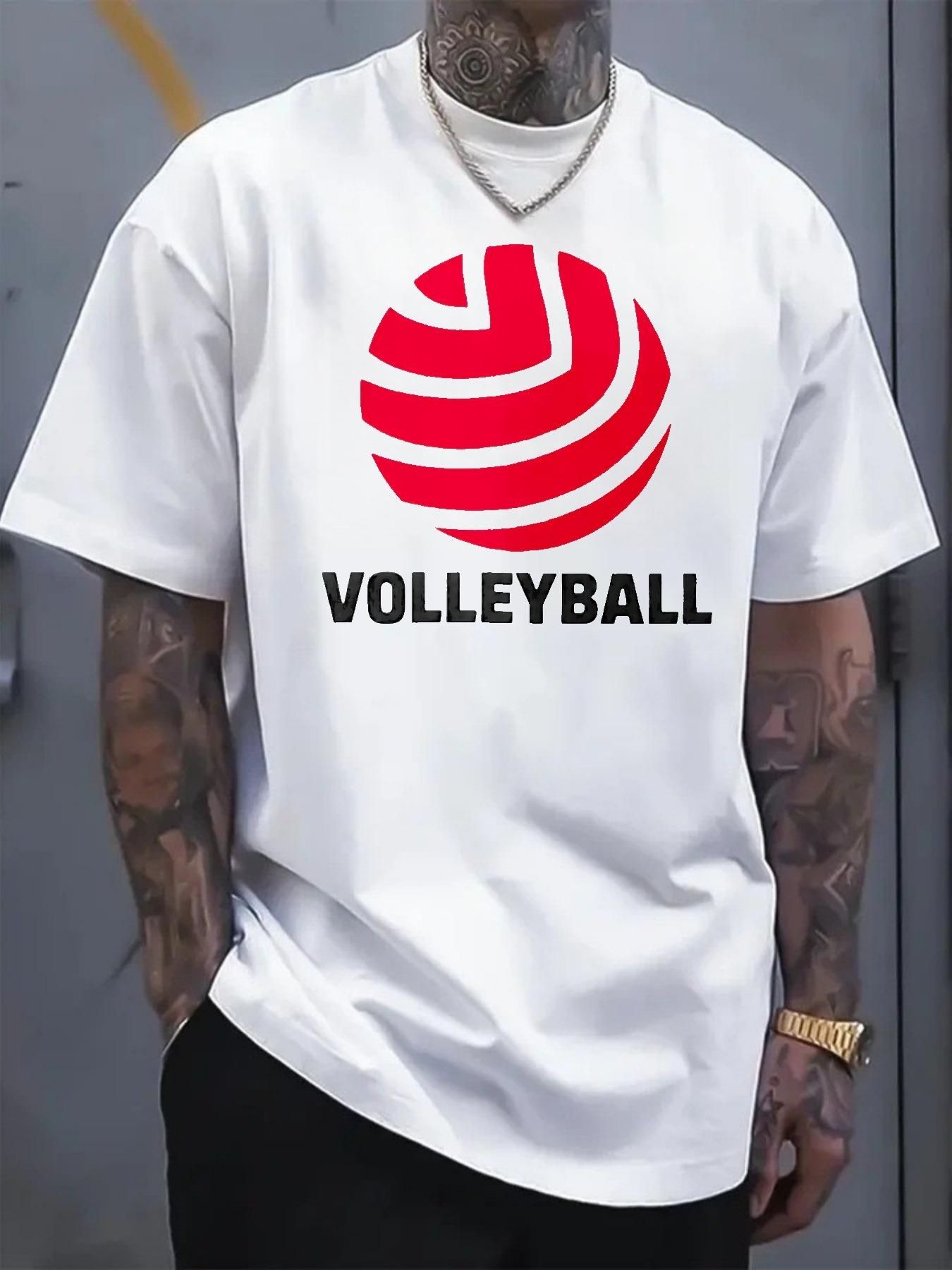 Men's T-shirt, short sleeve with volleyball pattern print and text, casual for volleyball sports, suitable for outdoor sports and fitness wear in summer