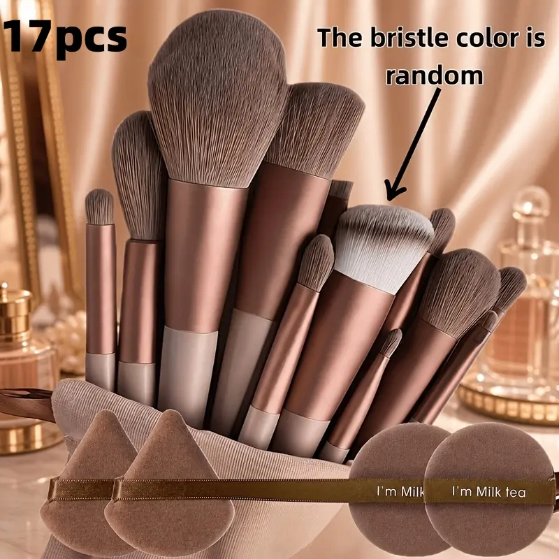 17-Piece Makeup Brush Set, Makeup Brushes Kit, Including 13 Makeup Brushes + 2 Triangular Puffs + 2 Round Puffs, Soft Eyeshadow Brush, Foundation Brush, BB Cream Brush and Concealer Brush, Designed for Women with Random Bristles