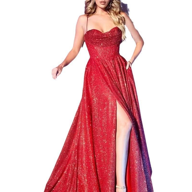 Women's Elegant Strapless Gold-Dusted Sparkle Formal Maxi Dress - Gold Detailed Evening Dresses for Banquets, Balls, Drip Dry Garment