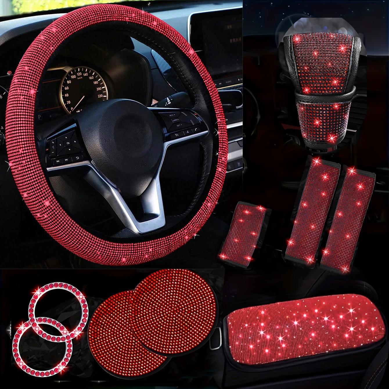 10-Piece Car Interior Set, Bling Car Accessories, Diamond Steering Wheel Covers, Sparkling Rhinestone Seat Belt Clips, Gear Shift Cover, Cup Mat, Fits Most Cars