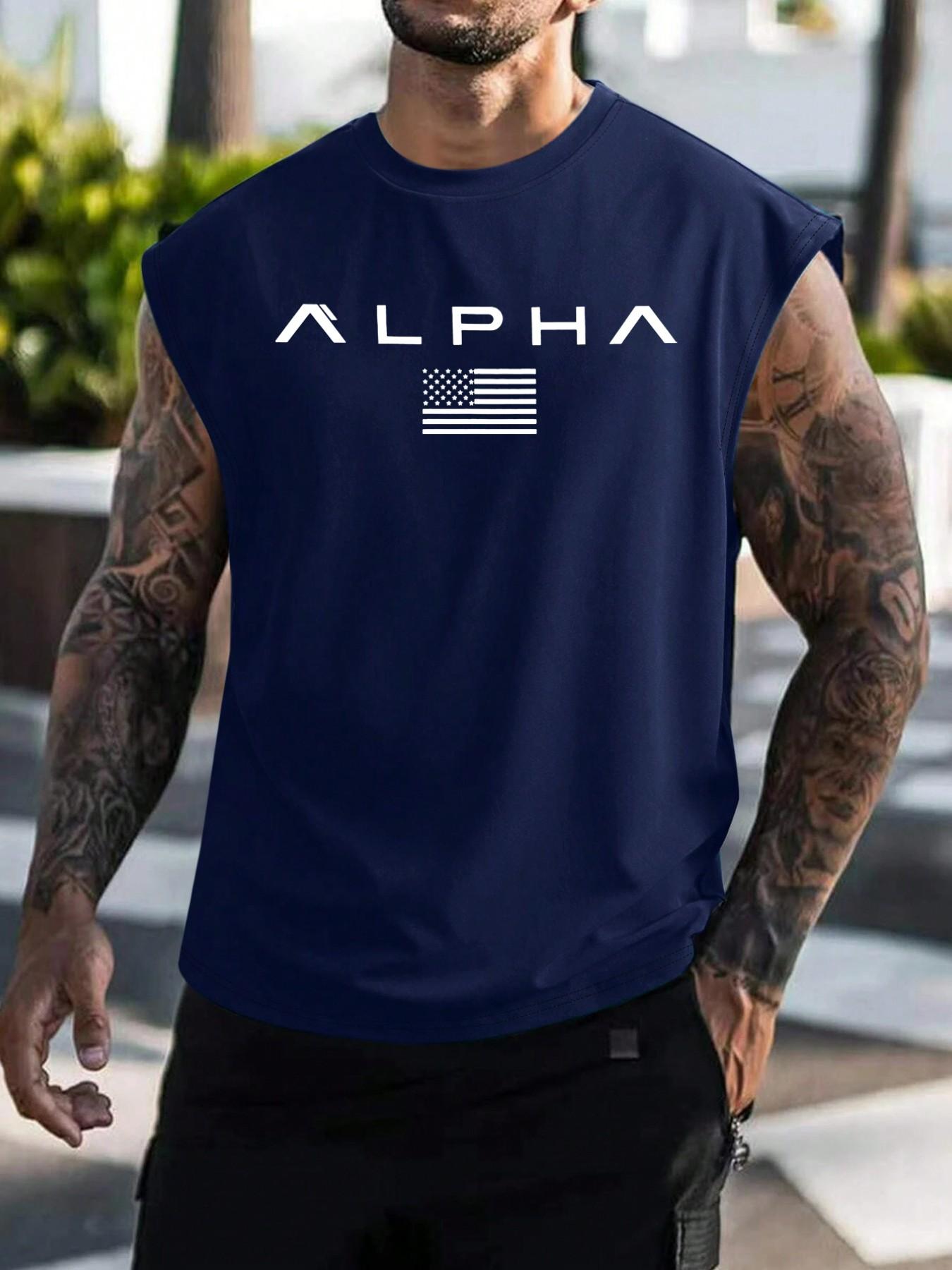 5pcs Men's Plus Size ALPHA USA Flag Graphic Sleeveless Tank Top, Casual Loose Fit Crew Neck Vest, Trendy Streetwear Tops for Summer, Daily Commute & Lounge
