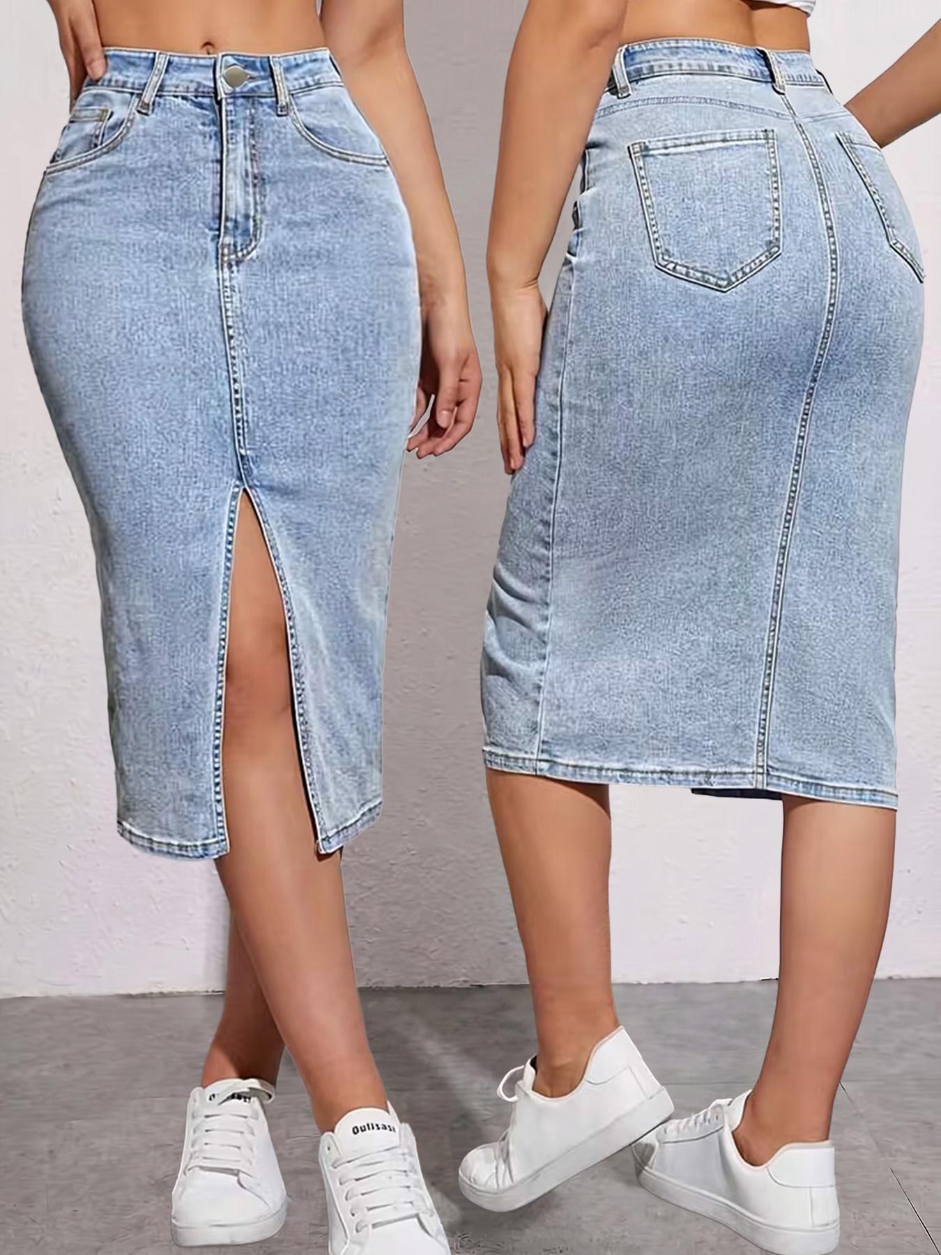 Women's Casual High-Waisted Stretch Denim Midi Skirt with Front Slit, Slim Fit & Comfortable Half-Length Skirt for All-Season Everyday Wear, Casual Fashion Skirt