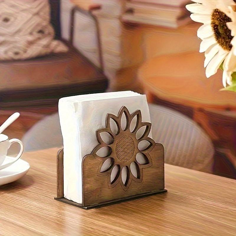 Handcrafted Wooden Napkin Holder with Sunflower Design- Bohemian Style Desktop Decorative Paper Towel Dispenser, Suitable for Restaurant, Kitchen or Living Room, Kitchen Decoration, Dining Table Napkin Stand, Kitchen Accessories, Rustic Sty