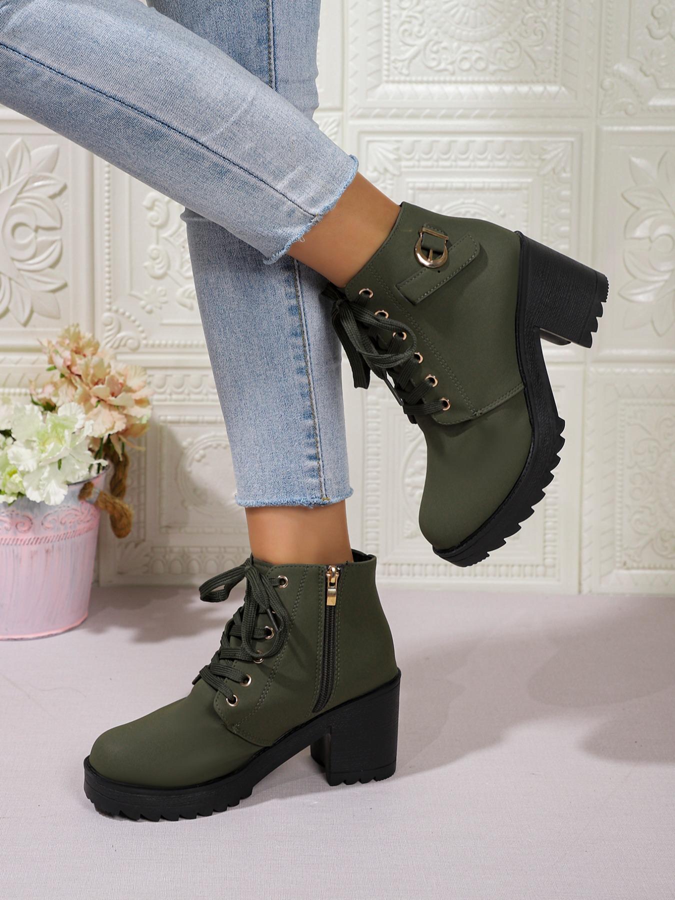 Women's Chunky Heel Thick Sole Ankle Boots, Side Zipper Lace-Up High Heel Boots, Fall Winter Casual Fashion Shoes Women's Chunky Heel Thick Sole Ankle Boots, Side Zipper Lace-Up High Heel Boots, Fall Winter Casual Fashion Shoes