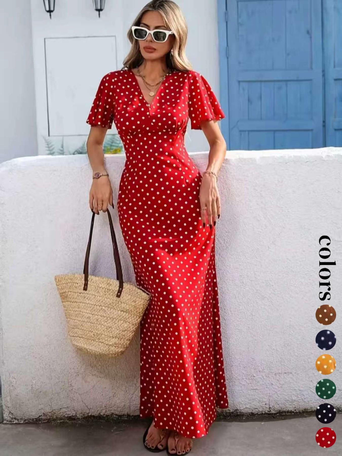Women's Bohemian Polka Dot Pattern V-Neck Short Sleeve Long Dress for Vacation, Casual Fashion New European and American Style