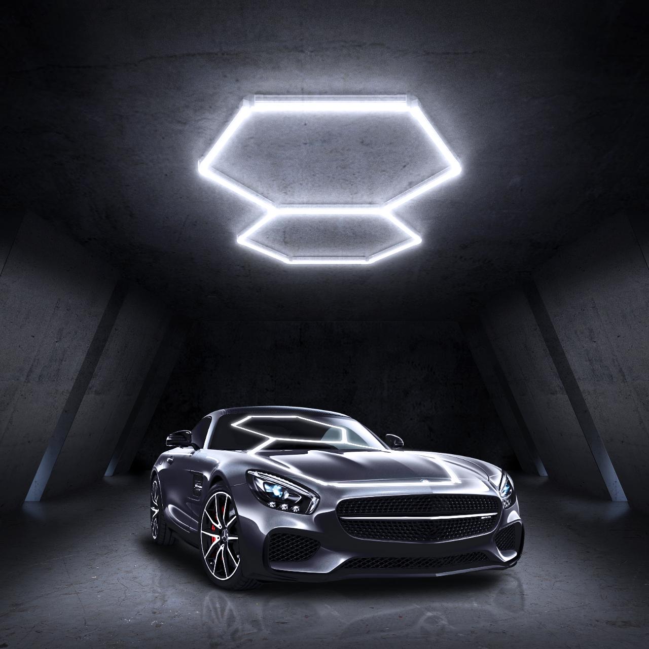 HYPERLITE offers Hexagon Garage Lights, a hexagon led lights Ceiling system designed for Grid Systems. These lights emit a Cool White light, ideal for Car Detailing Garages, Basements, Barbershops，Adjustable Lighting Options，SpringGlowUp