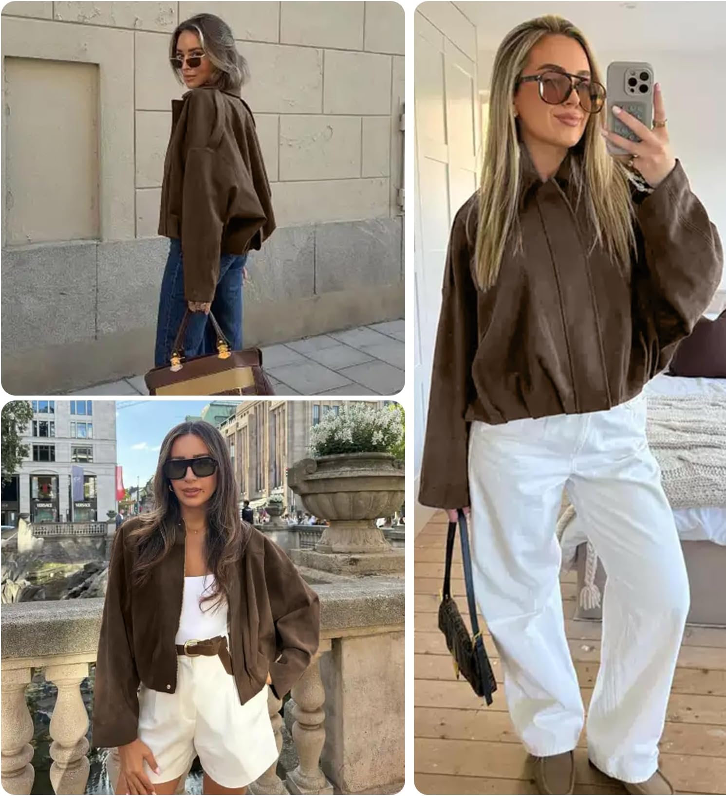 Buenoble Women's Faux Suede Bomber Jackets Cropped Fall Winter Lapel Motorcycle Coats Streetwear Outerwear with Pockets Tops Womenswear Basic Brown Casual Long Sleeve